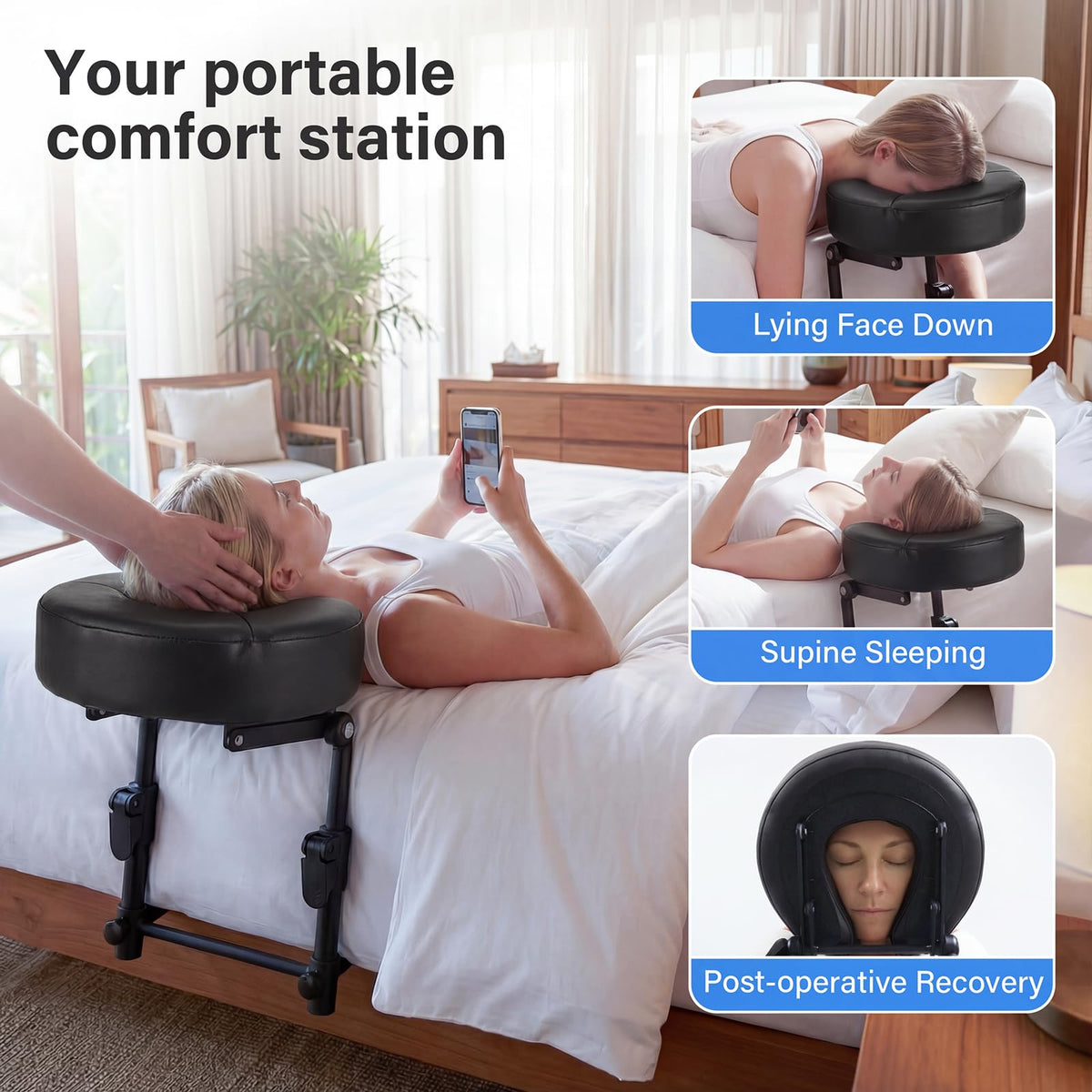 TIMBERHIDE adjustable face cradle angle for customizable, comfortable in-bed massages.