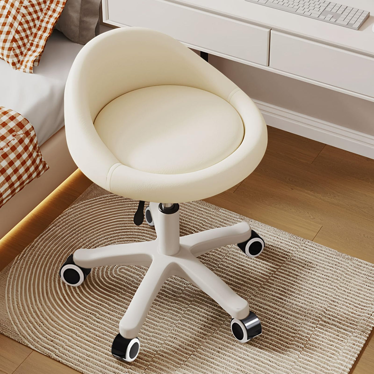 Timbertouch rolling stool with ergonomic swivel seat for comfortable all-day salon use