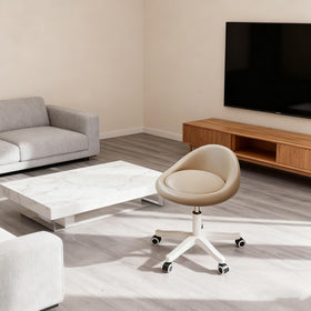 Timbertouch khaki-finish rolling stool complements contemporary décor.