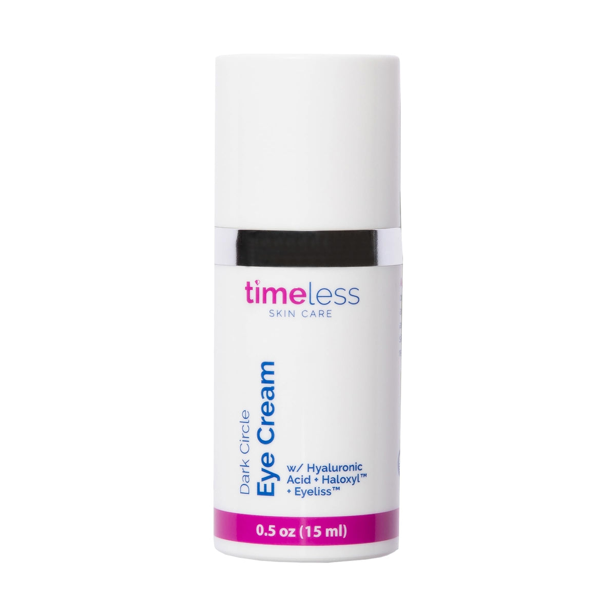 Timeless Skin Care Dark Circle Eye Cream bottle close-up showing smooth texture for brighter under-eye skin