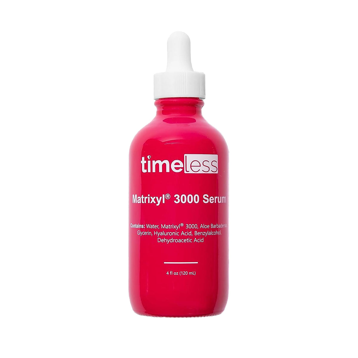Timeless Skin Care Matrixyl 3000 serum bottle shows hydration-boosting formula for daily use