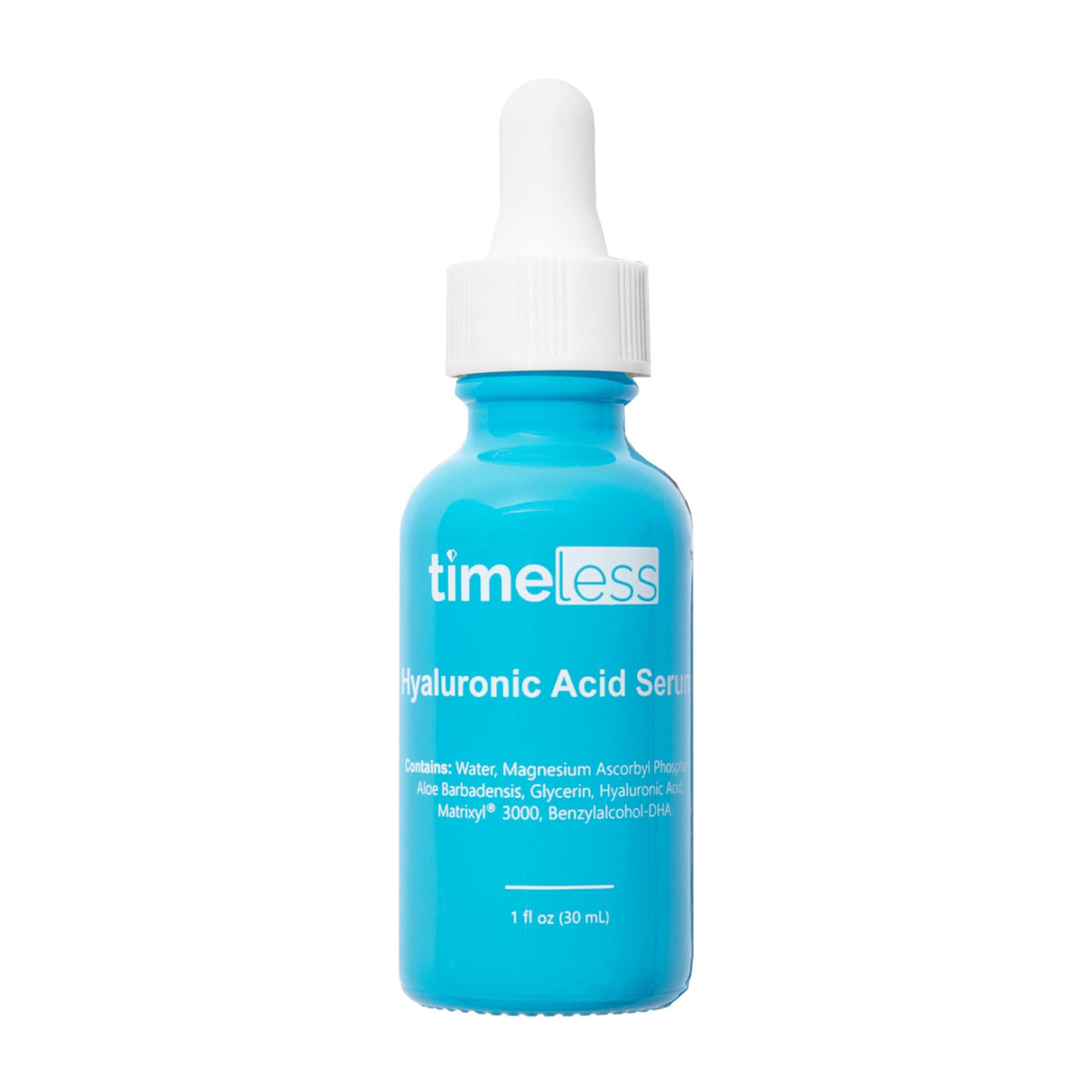 Timeless Skin Care Hyaluronic Acid Serum bottle highlighting hydration-boosting formula.