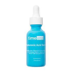 Timeless Skin Care Hyaluronic Acid Serum bottle highlighting hydration-boosting formula.