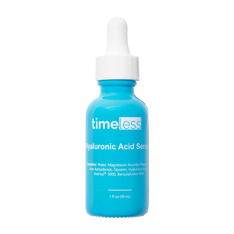 Timeless Skin Care Hyaluronic Acid Serum bottle highlighting hydration-boosting formula.
