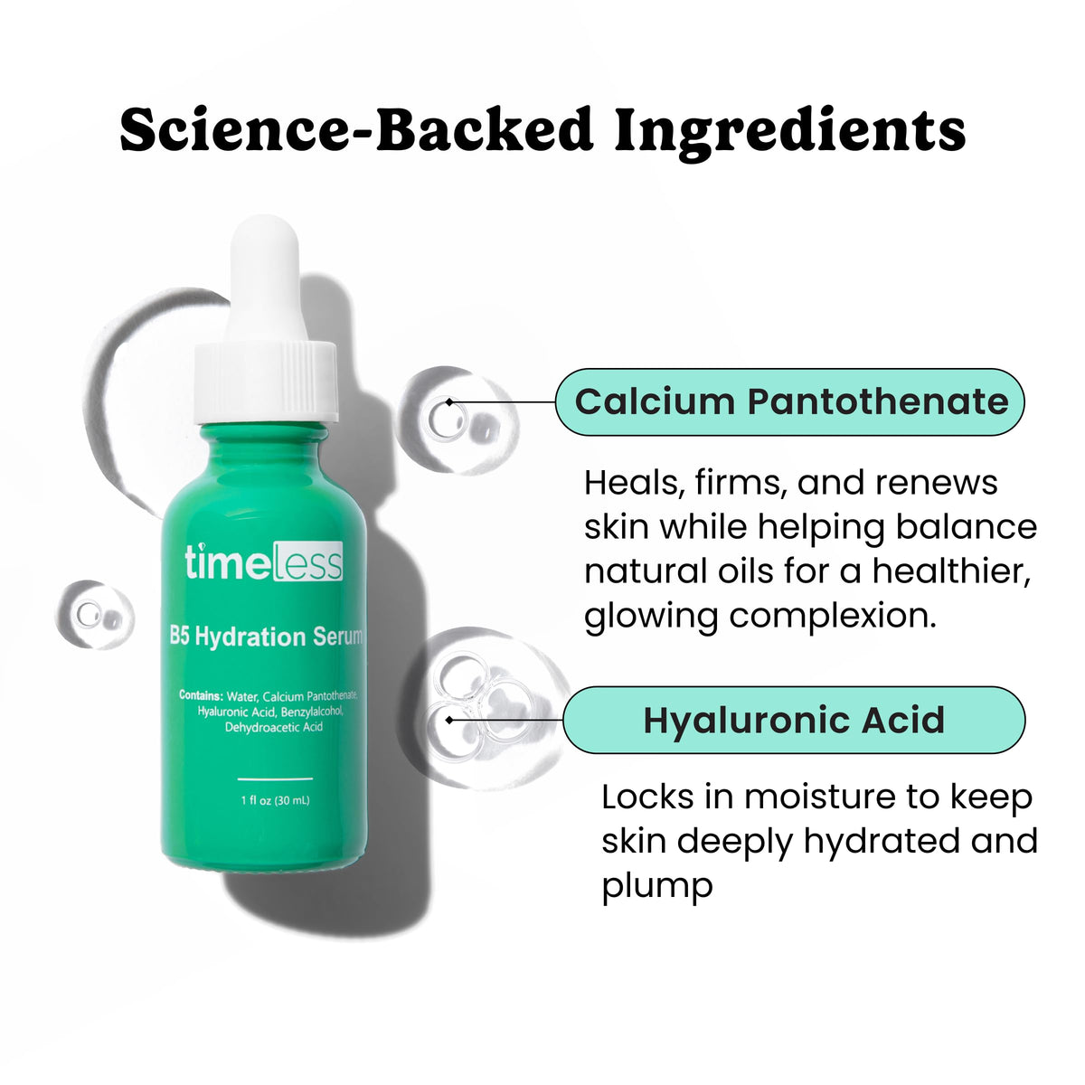 Timeless Vitamin B5 Serum dropper closeup showing precise 2-3 drop usage.