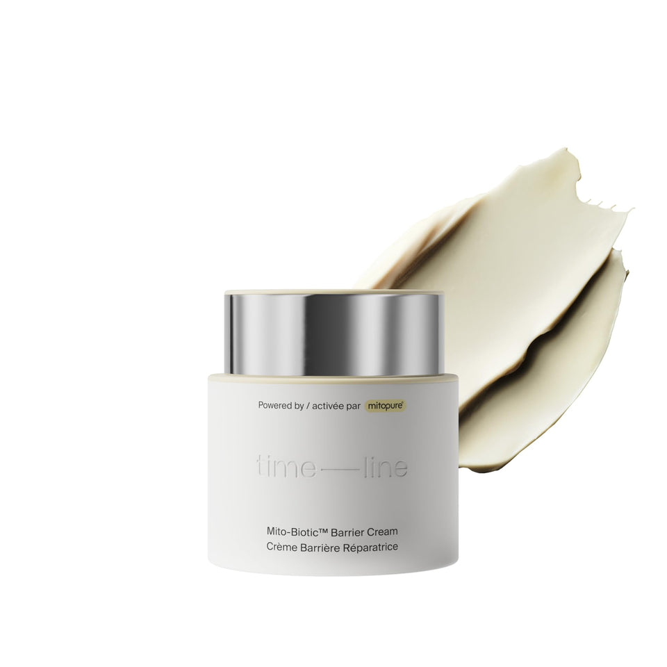 Timeline Mitopure Barrier Cream bottle with plush texture for deep hydration.