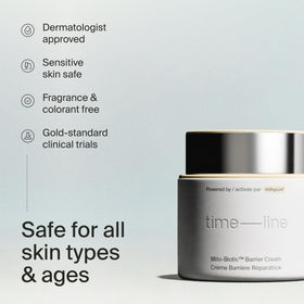 Peptides and caffeine energize Timeline Mitopure Barrier Cream surface.
