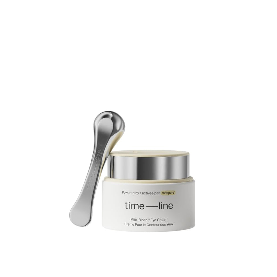 Timeline Mitopure Eye Cream jar close-up for hydrating eye skin