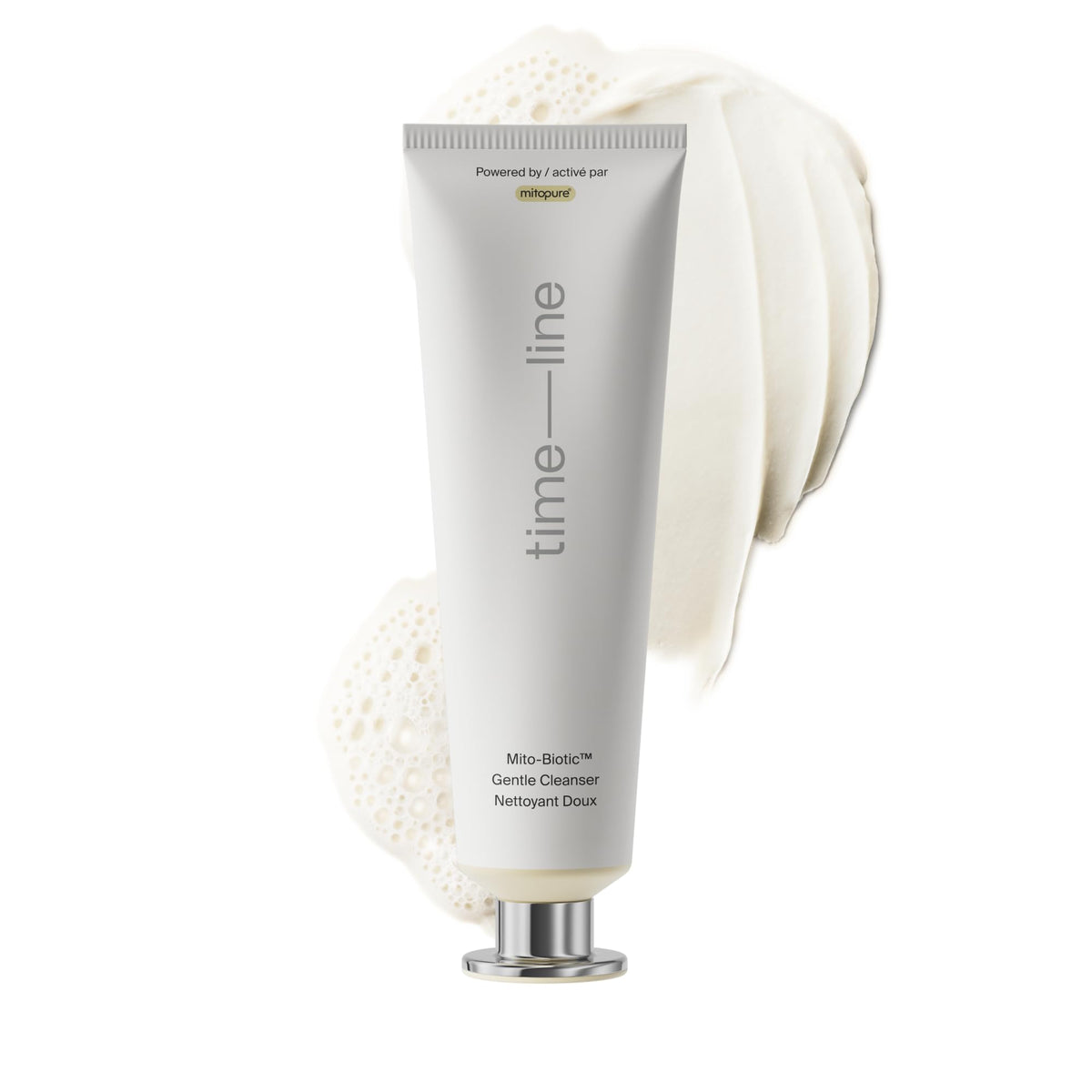 Timeline Mitopure Gentle Cleanser bottle with dense foaming mousse for gentle makeup removal
