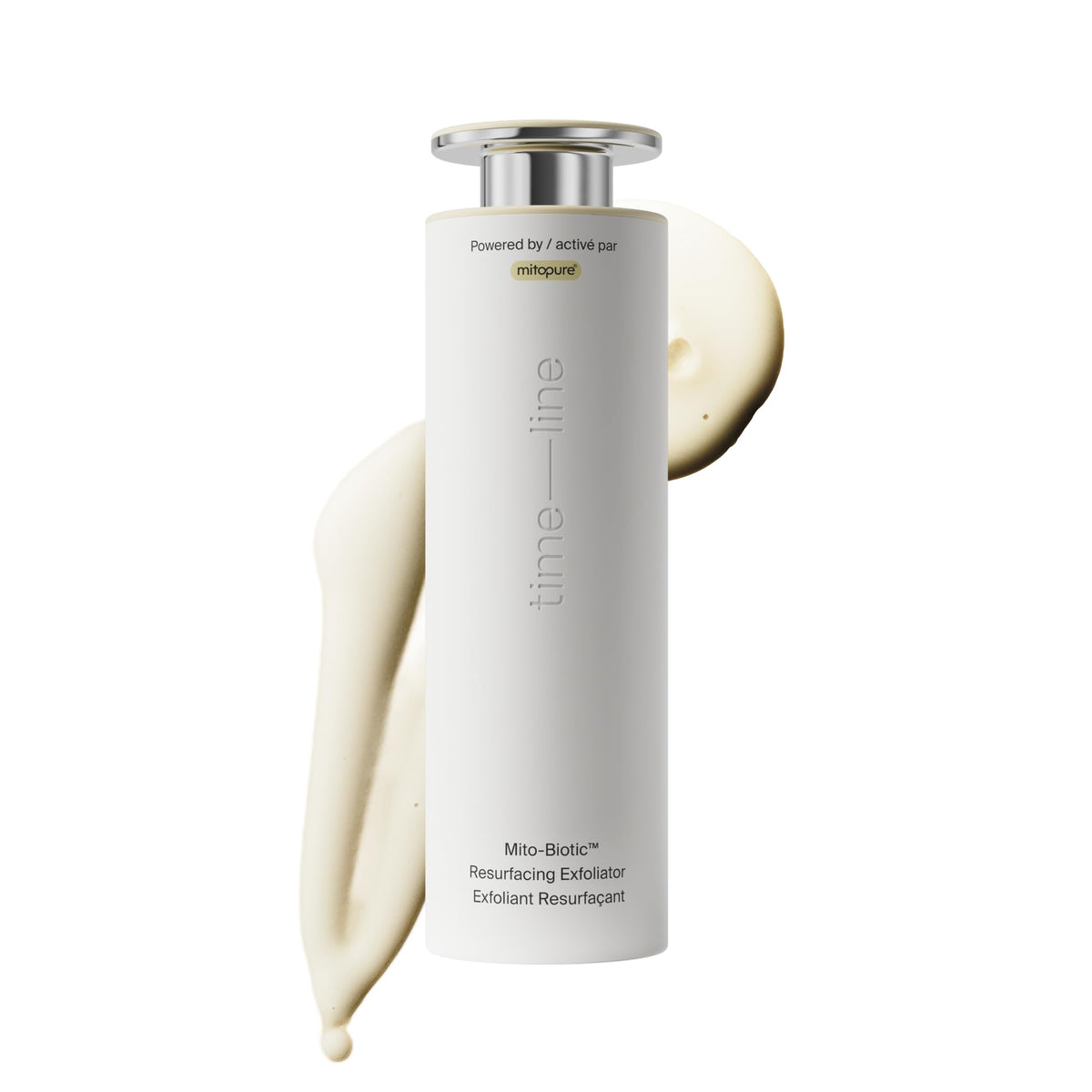 Timeline Mitopure Resurfacing Exfoliator bottle close-up showcasing premium packaging and purifying action.