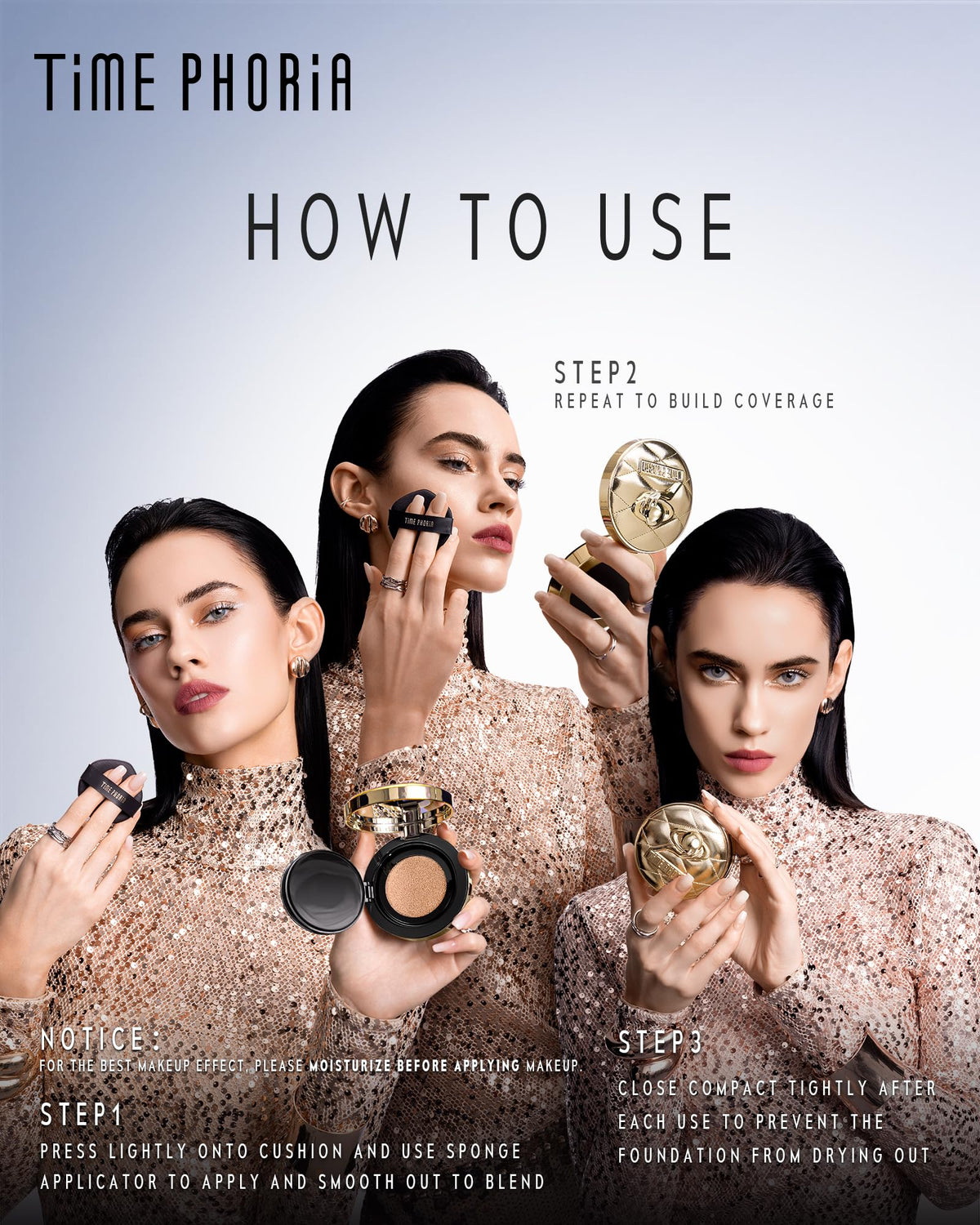 Timephoria Timeless Utopia Glow Cushion antioxidant protection close-up notes Resveratrol and Vitamin E.