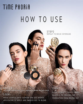 Timephoria Timeless Utopia Glow Cushion antioxidant protection close-up notes Resveratrol and Vitamin E.