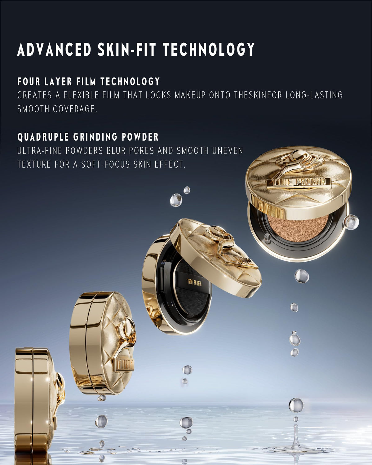 Timephoria Timeless Utopia Glow Cushion water-light formula shown for breathable texture.