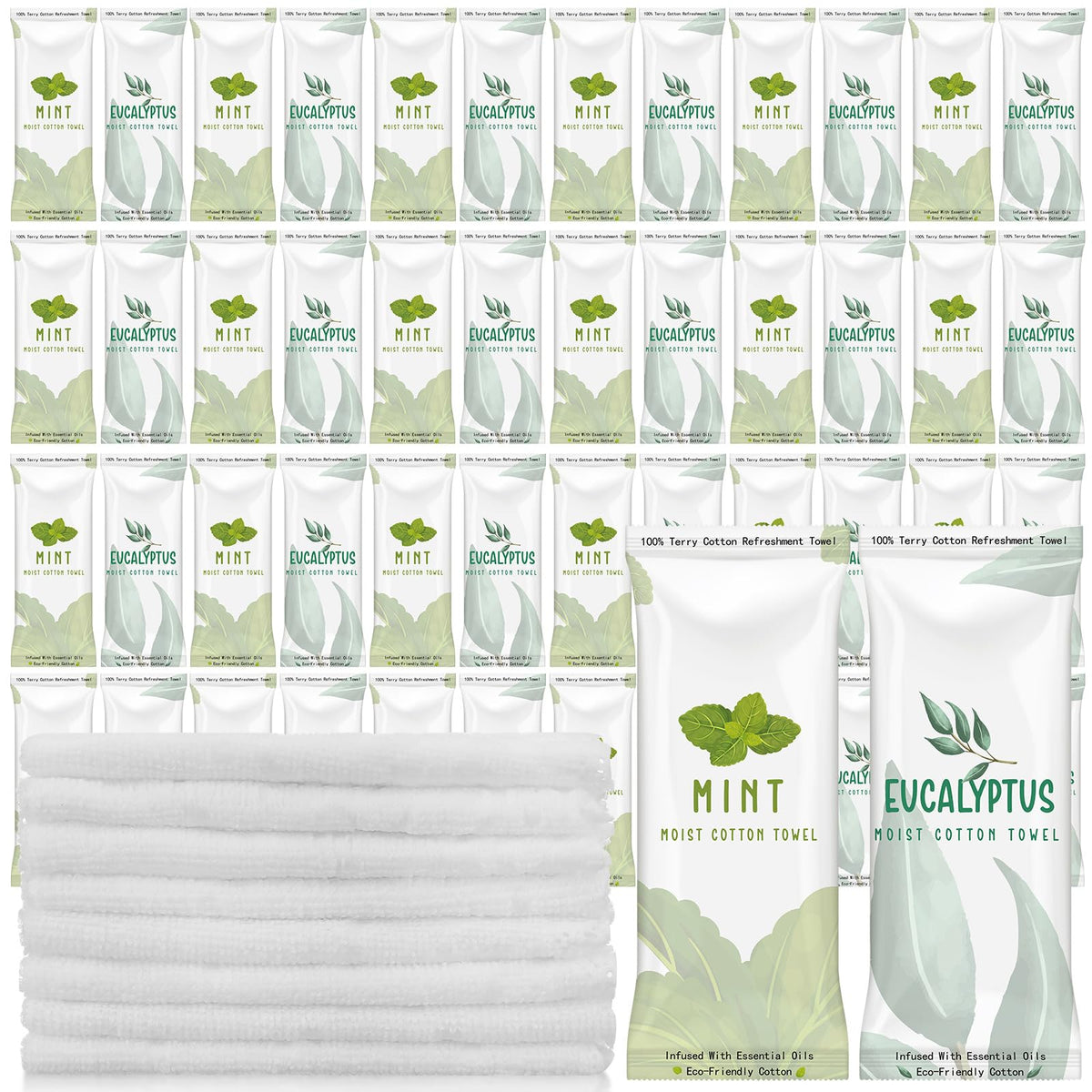 Timgle packaging shows 50 individually wrapped towels for convenient refreshment.