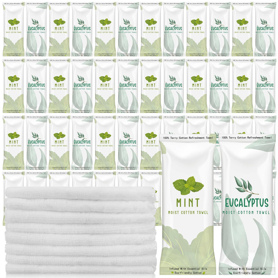 Timgle packaging shows 50 individually wrapped towels for convenient refreshment.