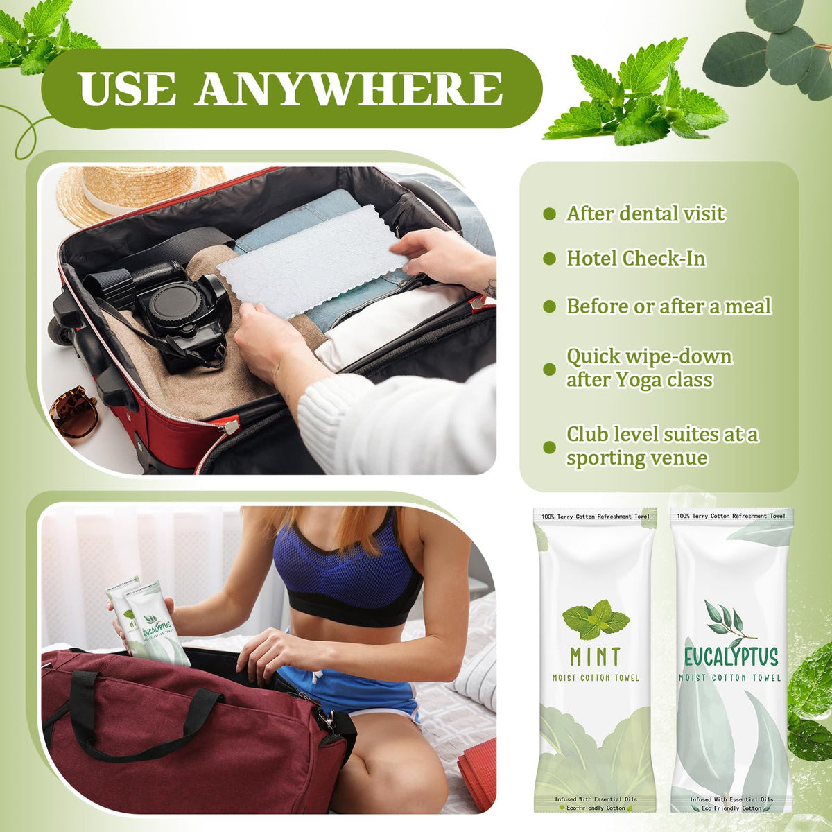 Timgle towlettes ideal for travel, meals, workouts, and more.