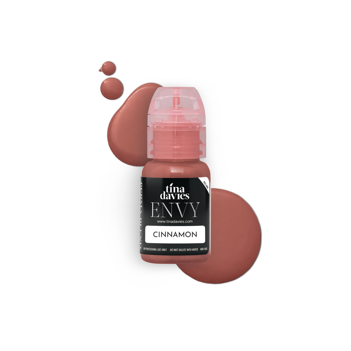 Tina Davies Envy Cinnamon lip pigment bottle for long-lasting lip blush.