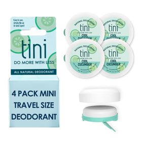 TINI Naturals mini deodorant, cool cucumber scent, compact 4-pack for travel.