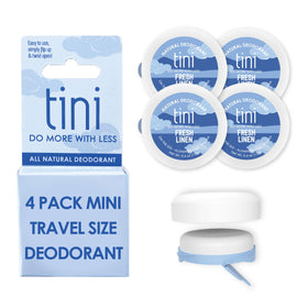TINI Naturals mini travel deodorant Fresh Linen scent for all-day freshness.