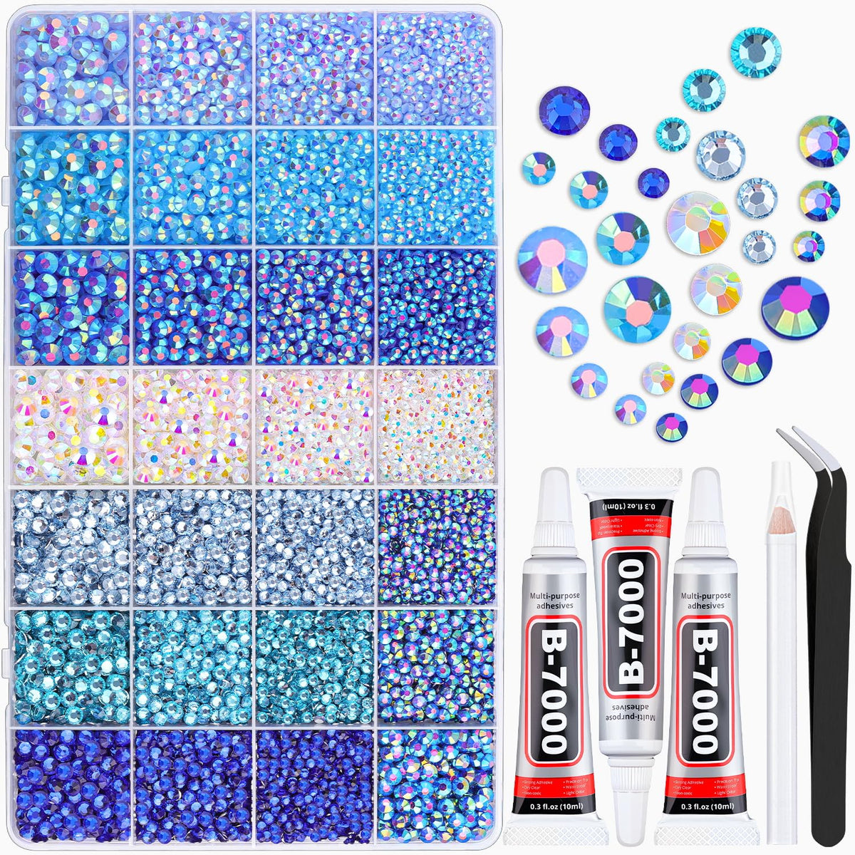 TINKRSTUFF blue rhinestones kit grid close-up for craft sparkle.