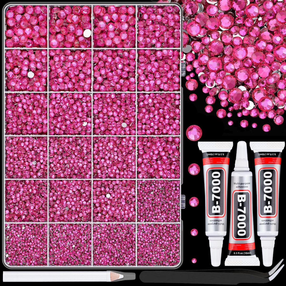 TINKRSTUFF hot pink rhinestones in a 24-grid box for vibrant DIY crafting.