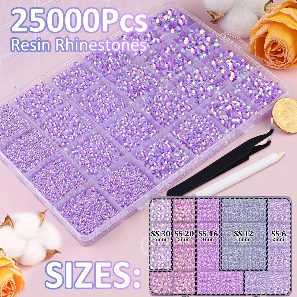 TINKRSTUFF Lavender Purple AB rhinestones close-up showing iridescent sparkle under light.