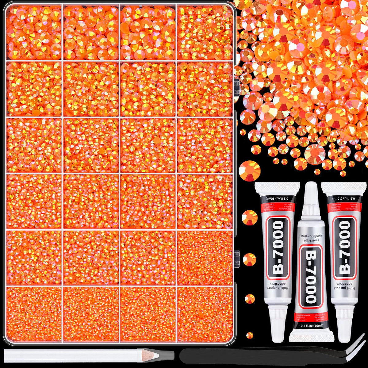 TINKRSTUFF orange AB rhinestones in 24-grid box for shimmering craft accents.