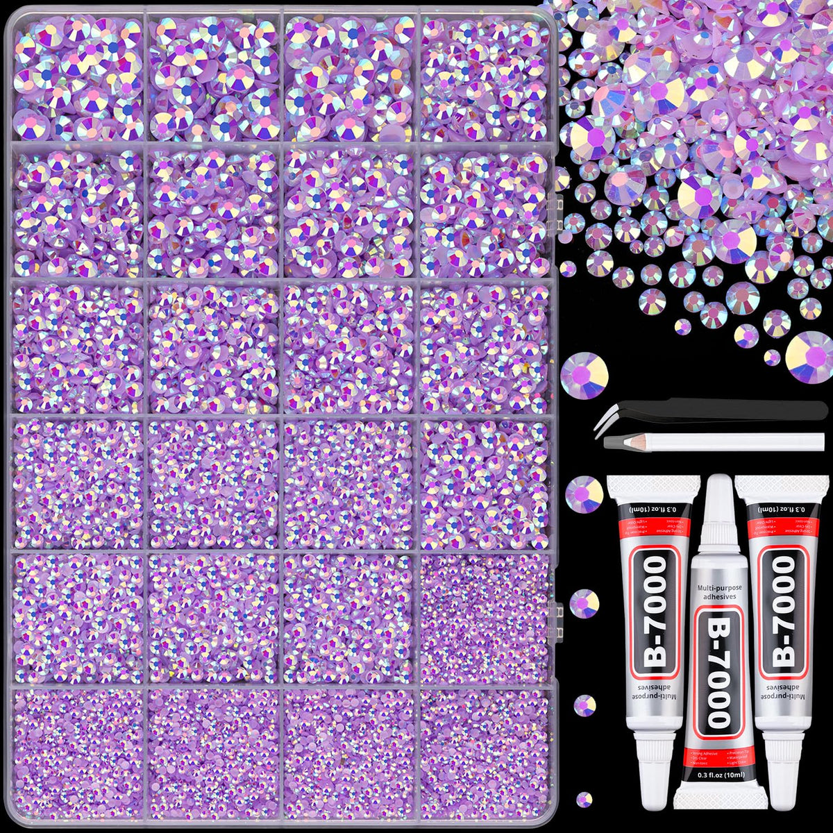TINKRSTUFF Lavender Purple AB resin rhinestones in a box for sparkling DIY projects.
