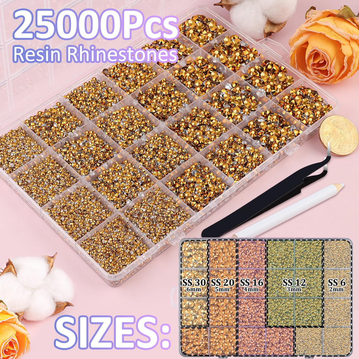 TINKRSTUFF 3mm gold rhinestones in a 6-grid pack for sparkling accents