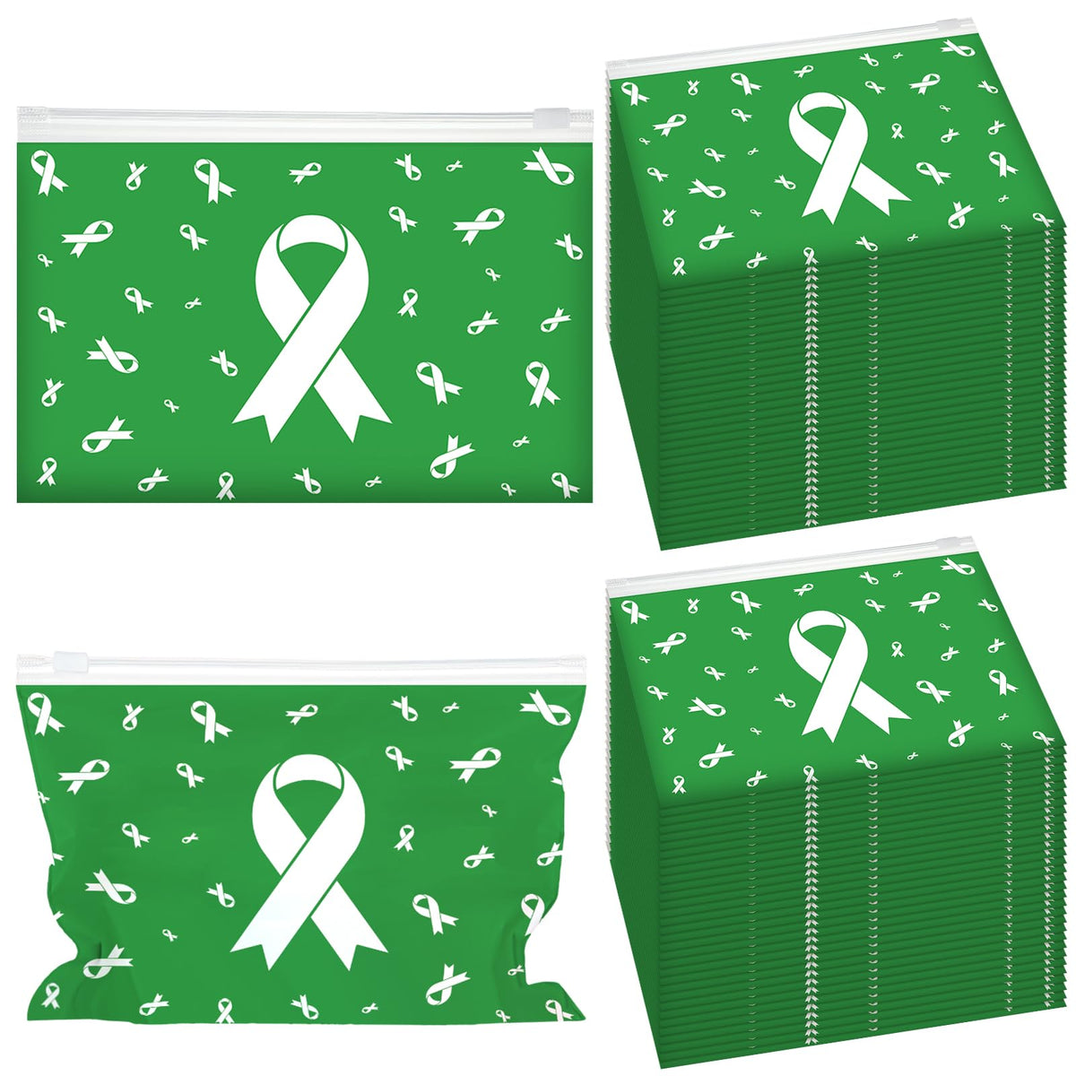 Tinlade 100-pack mental health awareness makeup bags with green ribbon design for events.