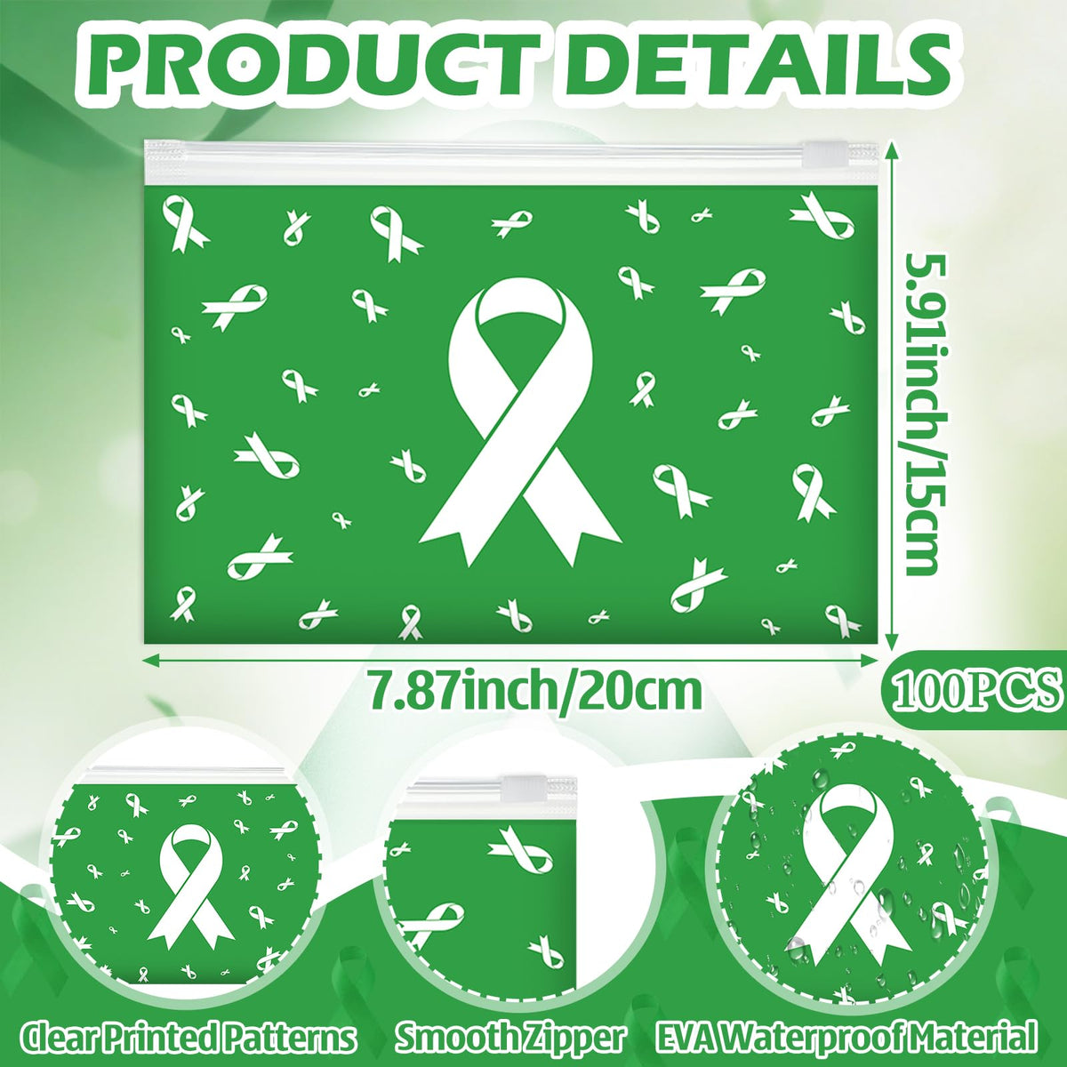 Tinlade green ribbon cosmetic pouch with zipper for secure daily essentials.