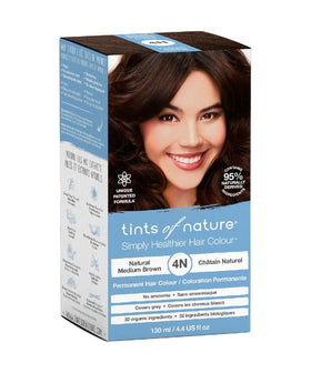 Tints of Nature 4N natural medium brown bottle close-up highlights ammonia-free color.