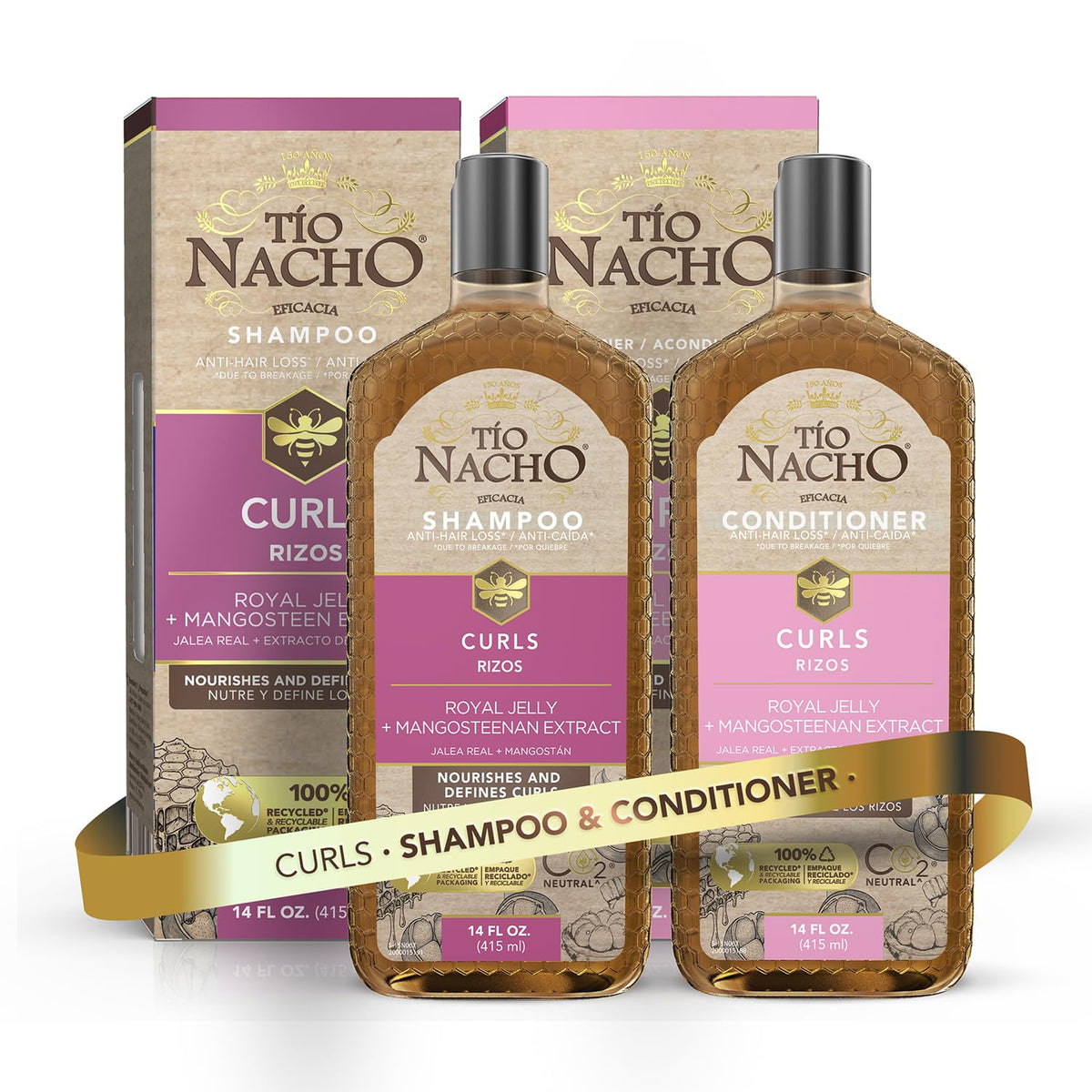 Tio Nacho Curls Shampoo bottle pour showing frizz control for defined curls.
