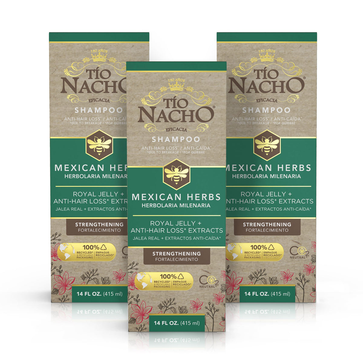 Tío Nacho Mexican Herbs Shampoo bottle with rosemary promotes stronger, shinier hair.