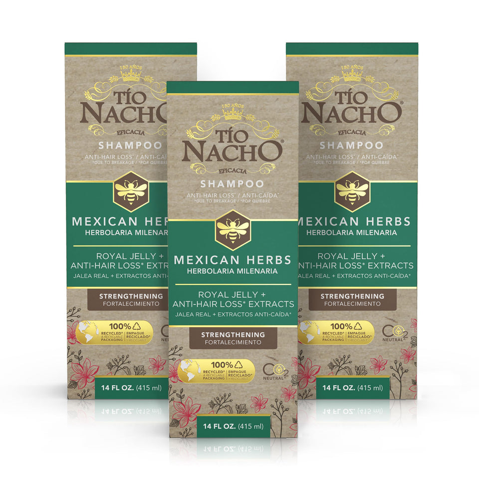 Tío Nacho Mexican Herbs Shampoo bottle with rosemary promotes stronger, shinier hair.