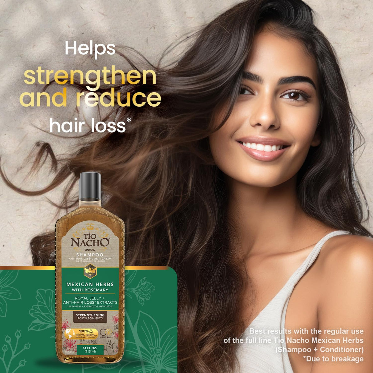 Tío Nacho Royal Jelly hydration image suggests nourished hair from roots to tips.