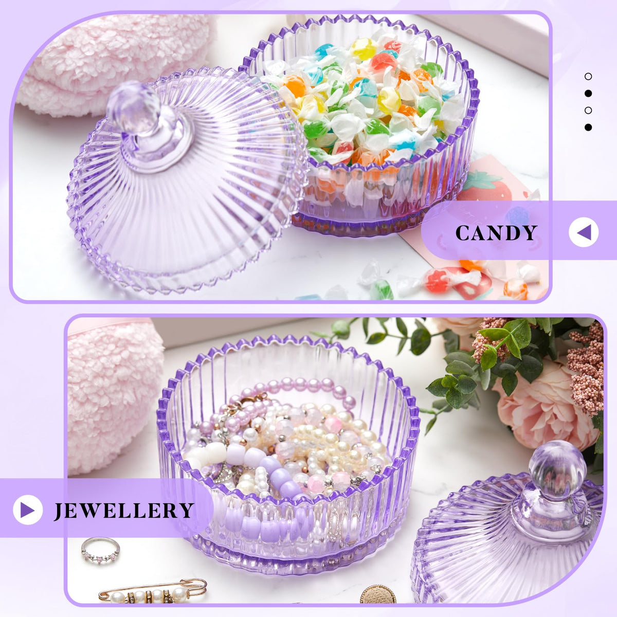 Tioncy glass container adds an elegant vanity touch.