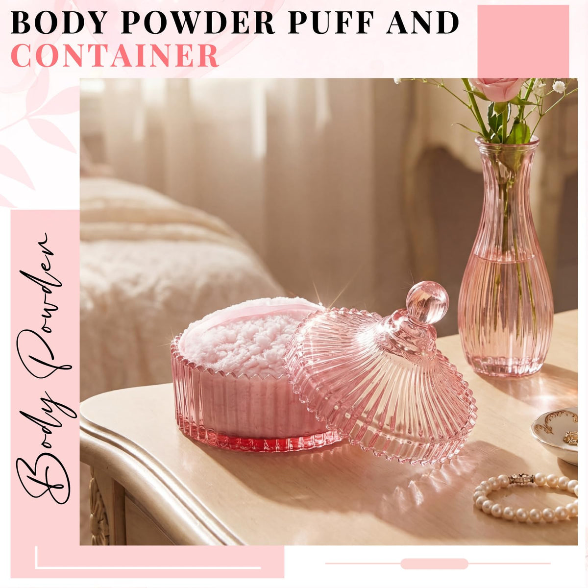 Tioncy pink glass container provides stylish, visible storage for powders.