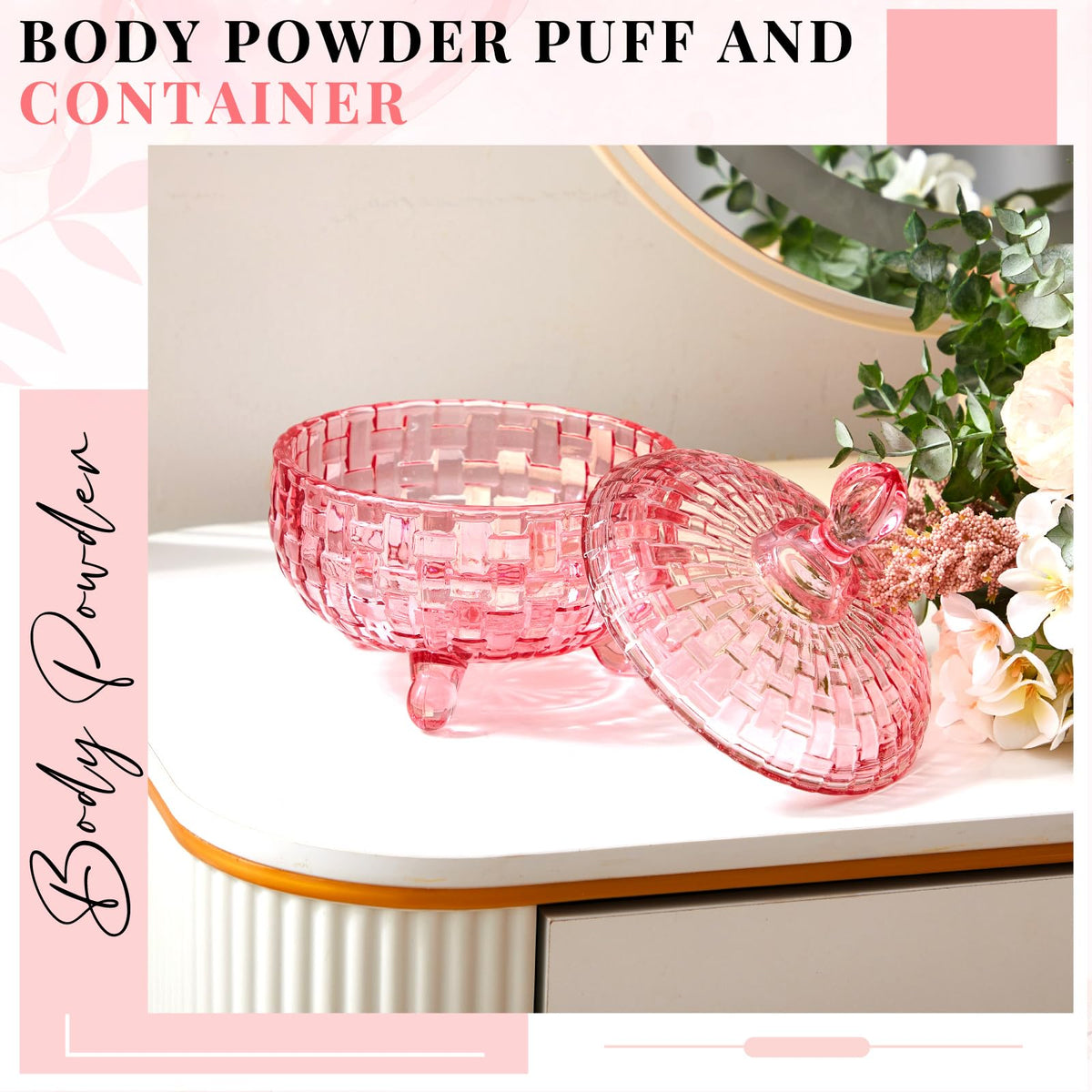 Tioncy glass crystal powder container pink for neat storage