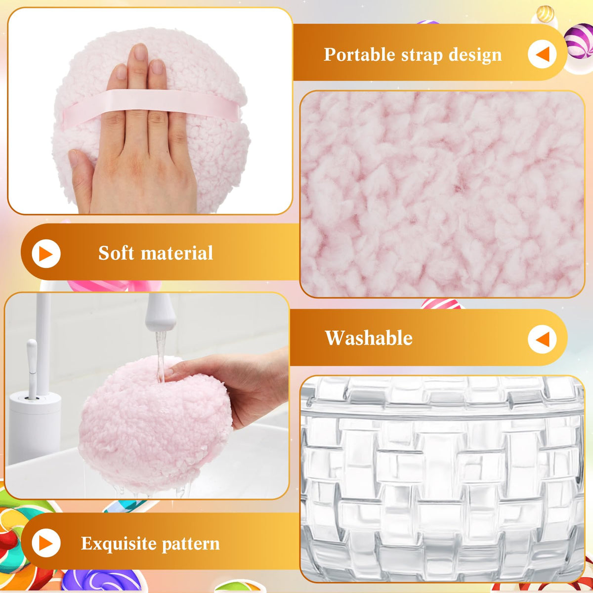 Tioncy hand-application puff provides controlled, even powder transfer.