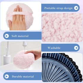Tioncy powder puff container includes a secure strap for stability.
