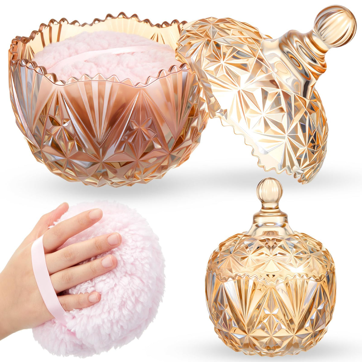 Tioncy powder puff with amber glass container for luxe storage and quick powder touch-ups.