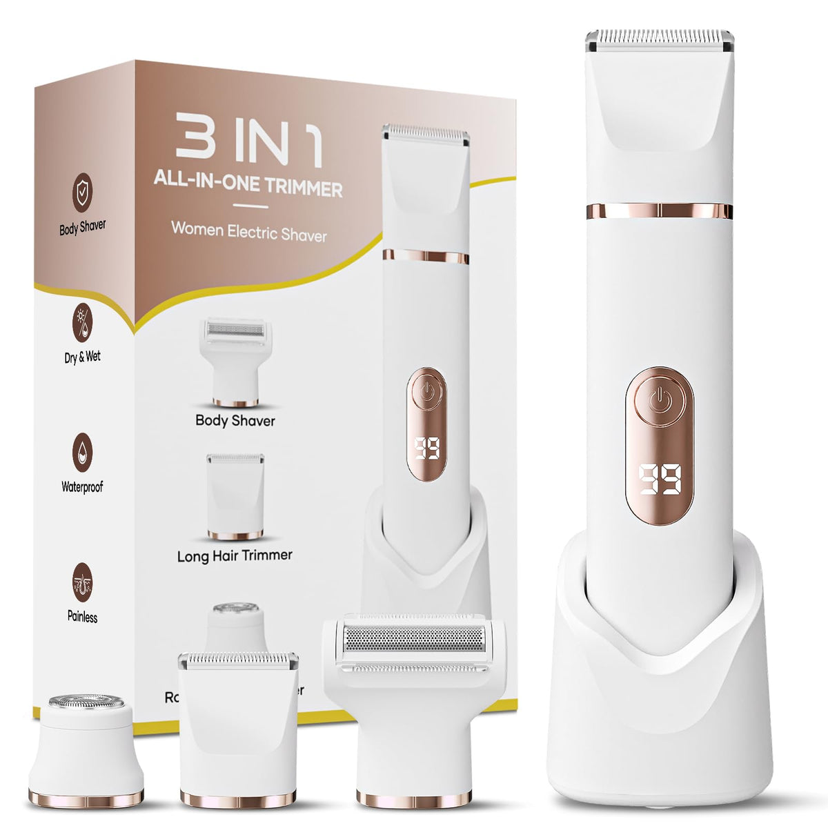 Tiovara bikini trimmer with charging dock for cordless grooming on the go.