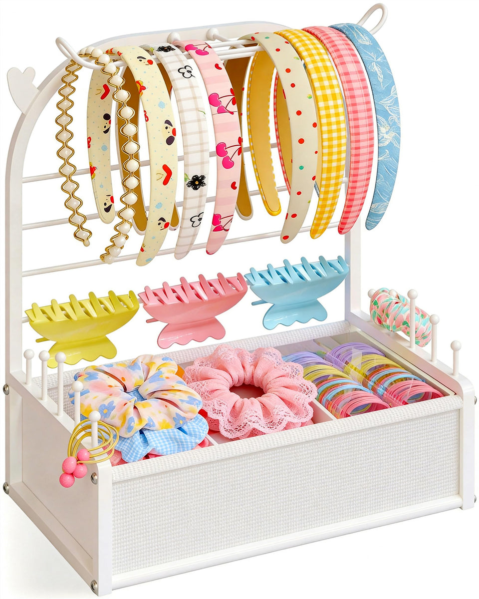TIPSYTREE headband holder stand with deer antler display on white vanity for organized storage