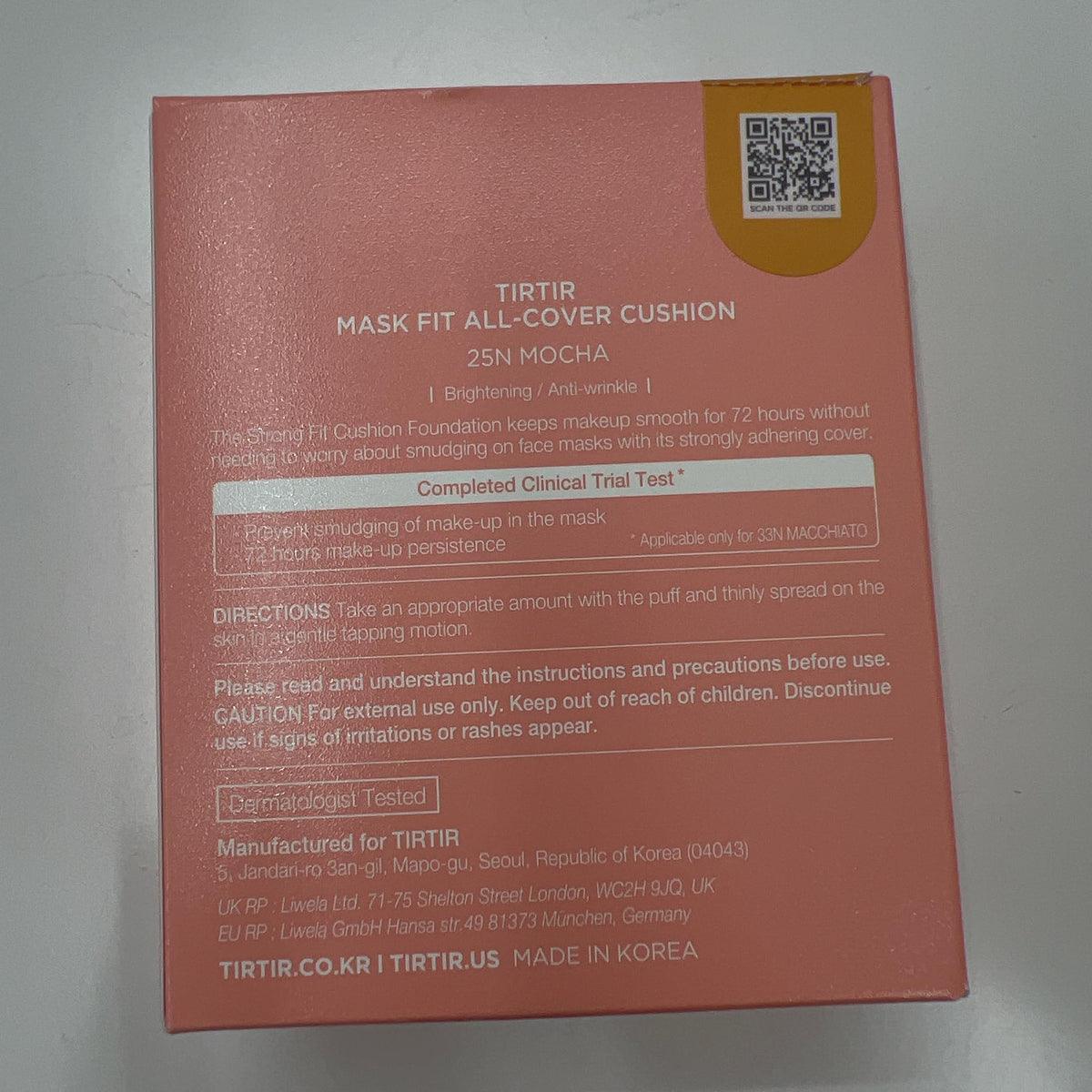 TIRTIR Pink Cushion on display indicating long-lasting wear potential.