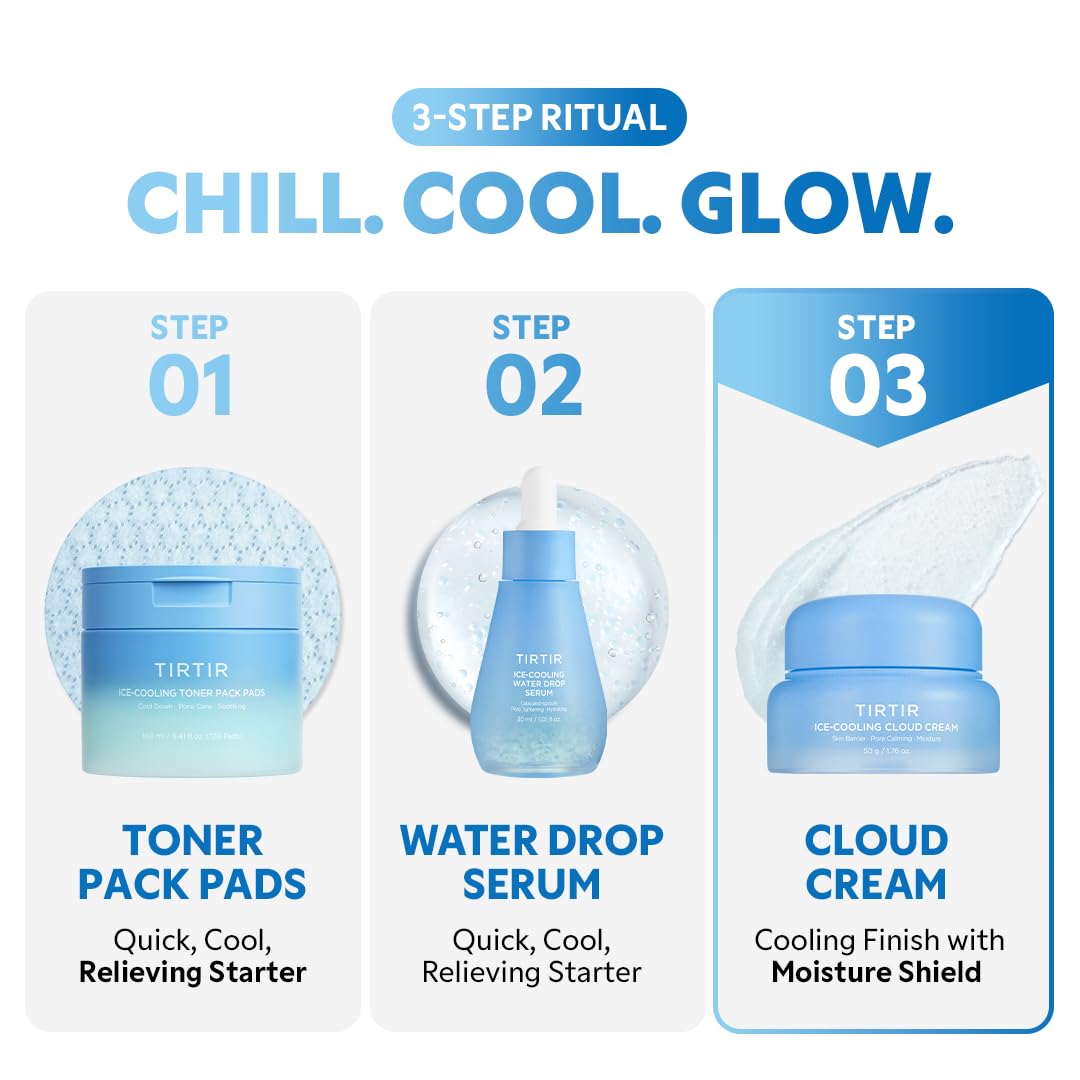 TIRTIR Cloud Cream shown with toner pads and serum in a 3-step routine