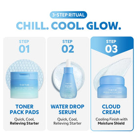 TIRTIR Cloud Cream shown with toner pads and serum in a 3-step routine