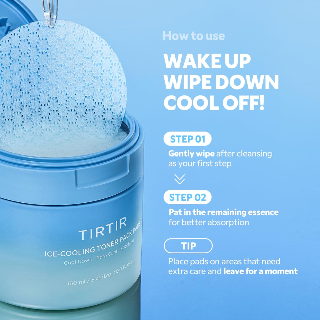 TIRTIR Ice-Cooling Toner Pad shown with bottle and pads for routine skincare