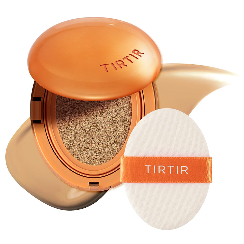 TIRTIR Mask Fit AI Filter Cushion bottle swatch for shade matching and smooth application.