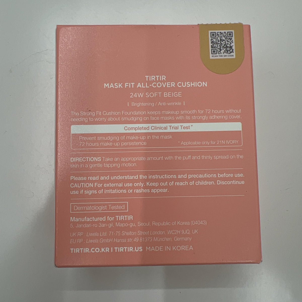 TIRTIR packaging front shows full-size cushion and allows easy shade matching.